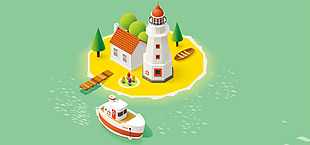 矢量卡通度假小岛房子游艇海边树木海报