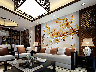 中式客厅沙发背景墙可印刷