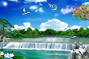 3D中式山水风景画瀑布仙鹤背景墙