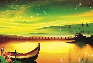 欧式梦幻湖上孤舟萤火虫油画背景墙