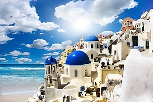 3D城堡海滩蓝天白云背景墙