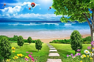 3D绿地海滩热气球背景墙