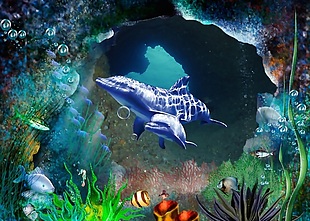 3D立体海底世界海豚戏水背景墙墙画壁画