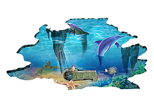 3D立体海底世界海豚背景墙