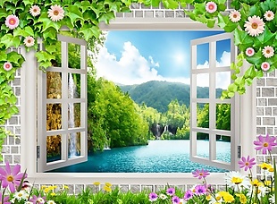 3D窗外自然风景背景墙