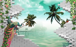3D现代时尚孔雀热带海岸风景背景墙