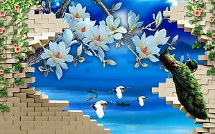 中式3D立体仙鹤孔雀背景墙墙画壁画