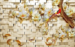 花卉山雀浮雕背景墙