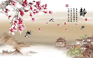 富贵吉祥中式花鸟山水电视背景墙装饰画