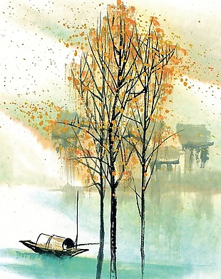 秋树落叶小船背景墙素材