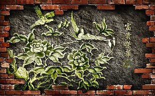 墙壁上的绿植室内玉石瓷砖背景墙