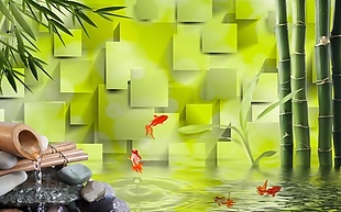 3D立体清新竹子鱼水玉石瓷砖背景墙