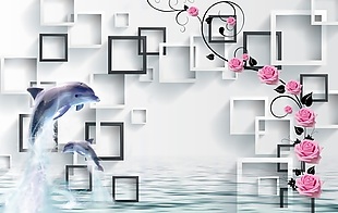 3D立体海豚方框背景墙