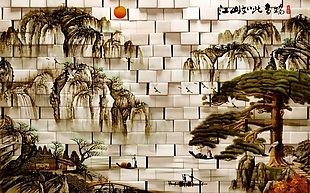江山如此多娇室内瓷砖背景墙