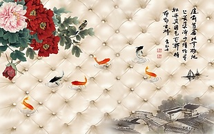 牡丹花山水画室内瓷砖背景墙