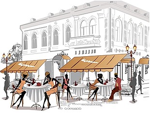 手绘时尚街头咖啡厅插画