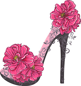 紫色花卉装饰高跟鞋设计矢量