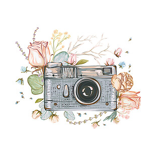 手绘相机花朵素材图片