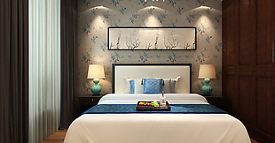 新中式风格卧室床头背景墙装修效果图