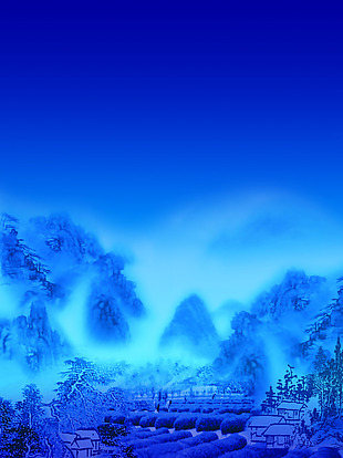 蓝色夜空高山村落静谧夜景背景图