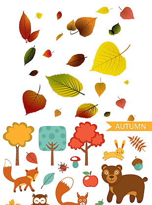 清新可爱秋天手绘卡通植物小鸟合集
