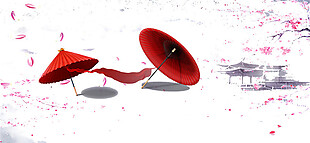 唯美花卉红伞图案元素