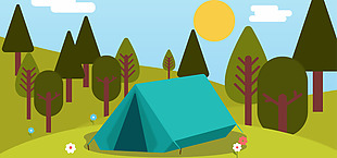 淘宝郊外蓝色野营帐篷风景矢量卡通树木海报