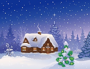 卡通房屋下雪景色素材