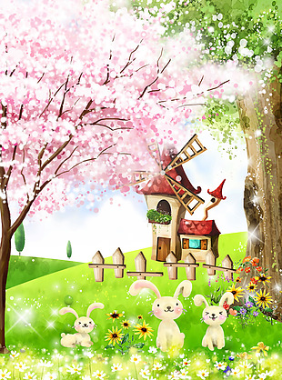 春天桃花盛开卡通小动物背景