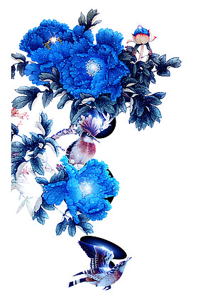 蓝色花朵水墨花素材图片