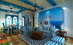 蓝白地中海风室内设计客厅效果图JPG源文件
