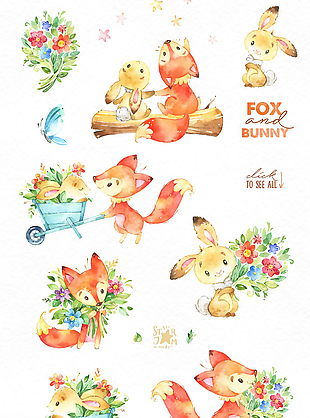 多款清新春季植物小狐狸推花车水彩画素材