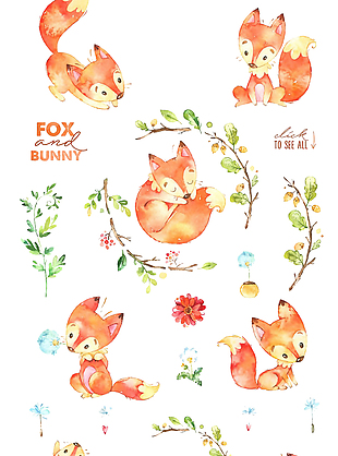 多款清新秋季春季植物和狐狸元素水彩画素材