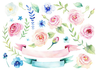 水彩玫瑰绿叶彩带背景图素材