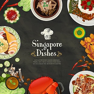 手绘矢量旅游新加坡景点美食肉骨茶海报背景