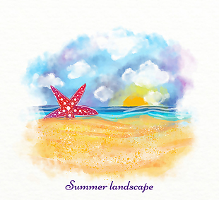 彩绘夏季沙滩风景矢量