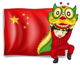 矢量手绘国庆中国风舞狮插画