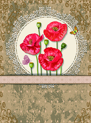 古典花纹圆盘中的花朵背景素材