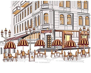 手绘街角的咖啡厅插画