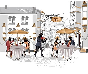 浪漫的街头咖啡厅插画