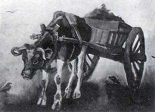 行驶的牛车黑白素描油画装饰画