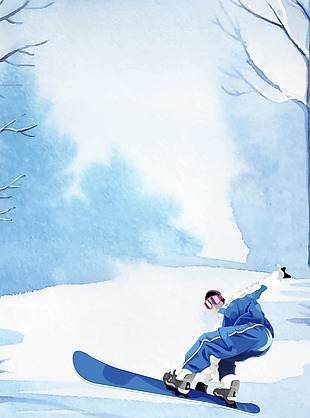 矢量卡通水彩手绘泼墨滑雪运动背景