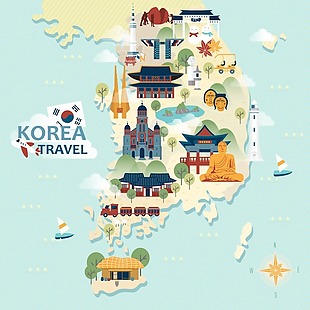 手绘矢量旅游韩国江原道景点地图海报背景