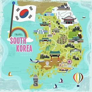 手绘矢量旅游韩国景点地图韩国国旗海报背景