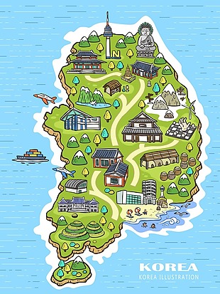 手绘矢量旅游韩国大佛景点地图海报背景