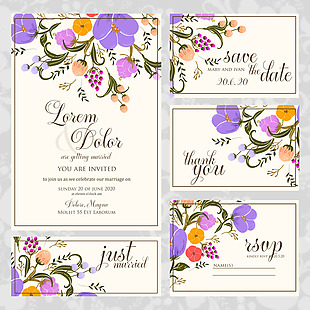 紫色花朵婚礼请柬卡片设计矢量素材
