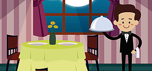 淘宝矢量卡通服务员早餐餐厅桌子窗户海报
