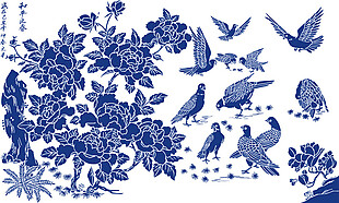 青花瓷花纹小鸟背景素材