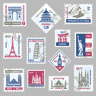世界著名建筑邮票插画