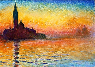 美丽夕阳湖边城市倒影风景油画背景墙素材